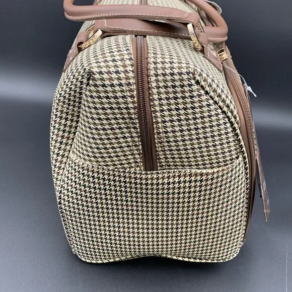 London Fog Oxford III Olive Houndstooth Carry On Duffel Bag Leather Trim 16" - Picture 5 of 8